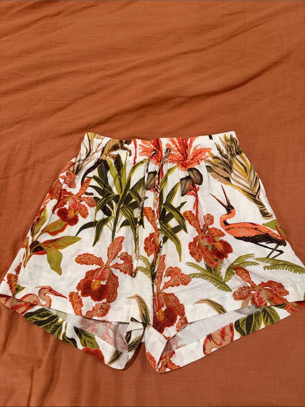Floral Drawstring Women’s Athletic Shorts - White with Orange Tropical Print